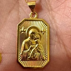 New 18K Solid Real Gold Pendant necklace Mary Jesus mom baby chain gold filled